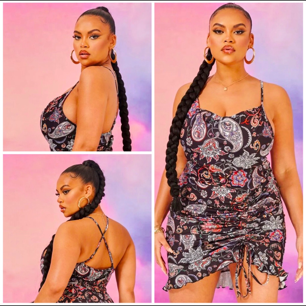 Ruched Plus Size Drawstring Side Split Knee Dress